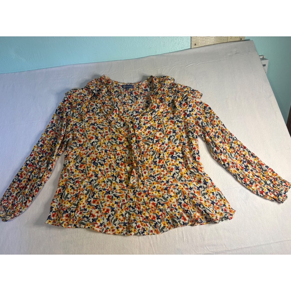 Democracy Womens XL Floral Ruffle V-Neck Blouse Long Orange Yellow Blue 1315